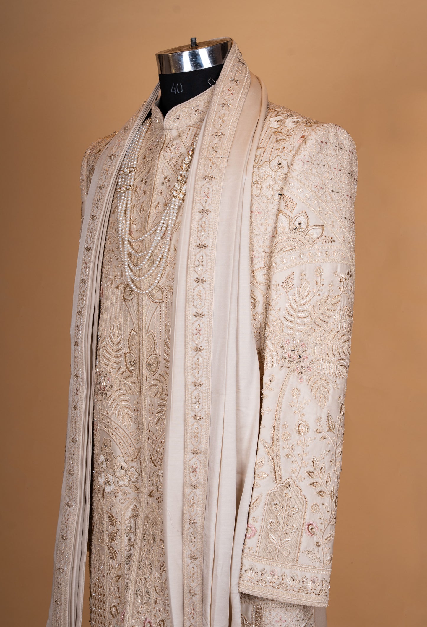 Beige Embroidered Sherwani Set with Stole for Men – Designer Groom Wedding Sherwani
