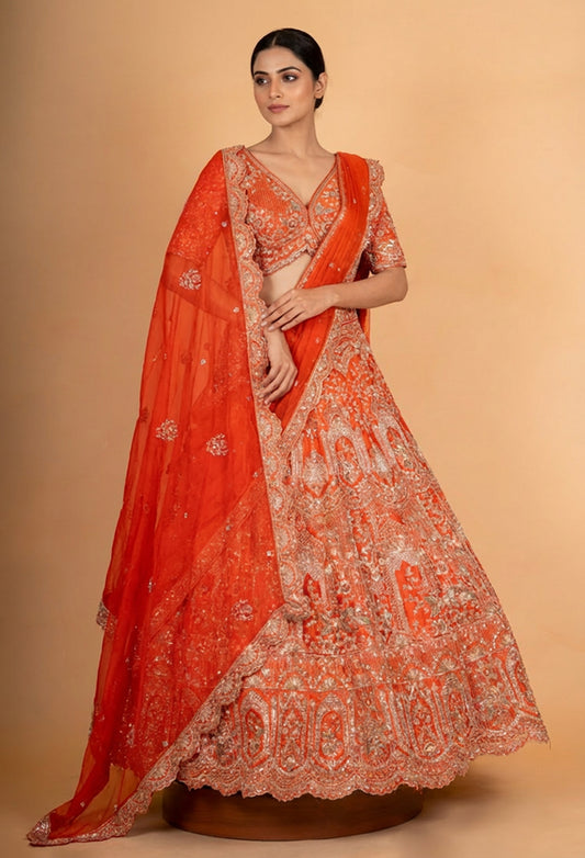 Bridal Red Heavy Embroidered Lehenga Choli Set with Dupatta for Women