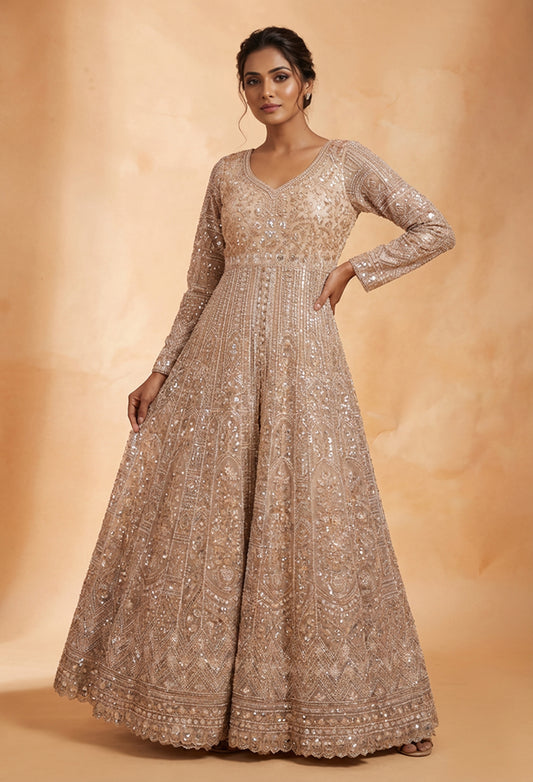 Beige Gold Heavy Embroidered Anarkali Gown for Women