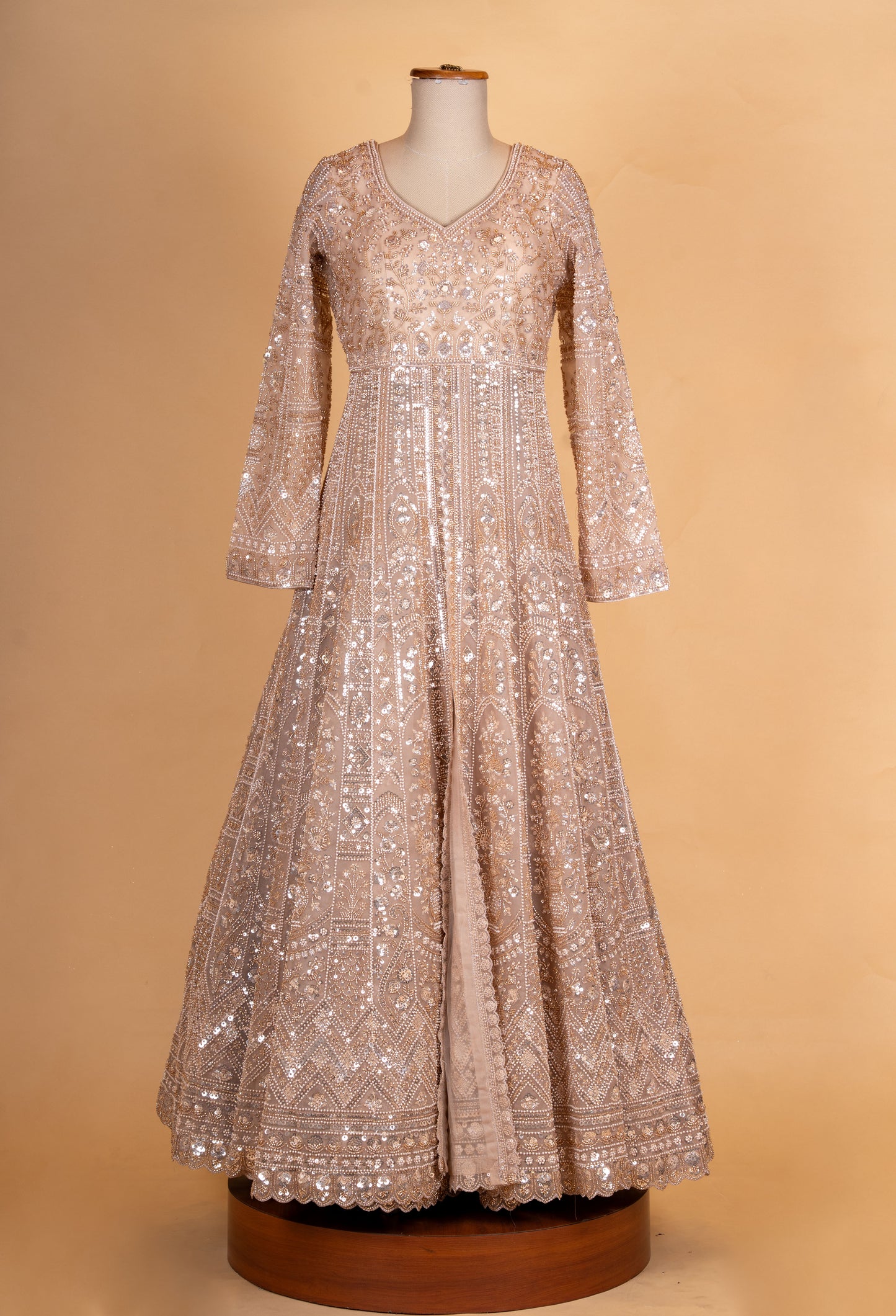 Beige Gold Heavy Embroidered Anarkali Gown for Women