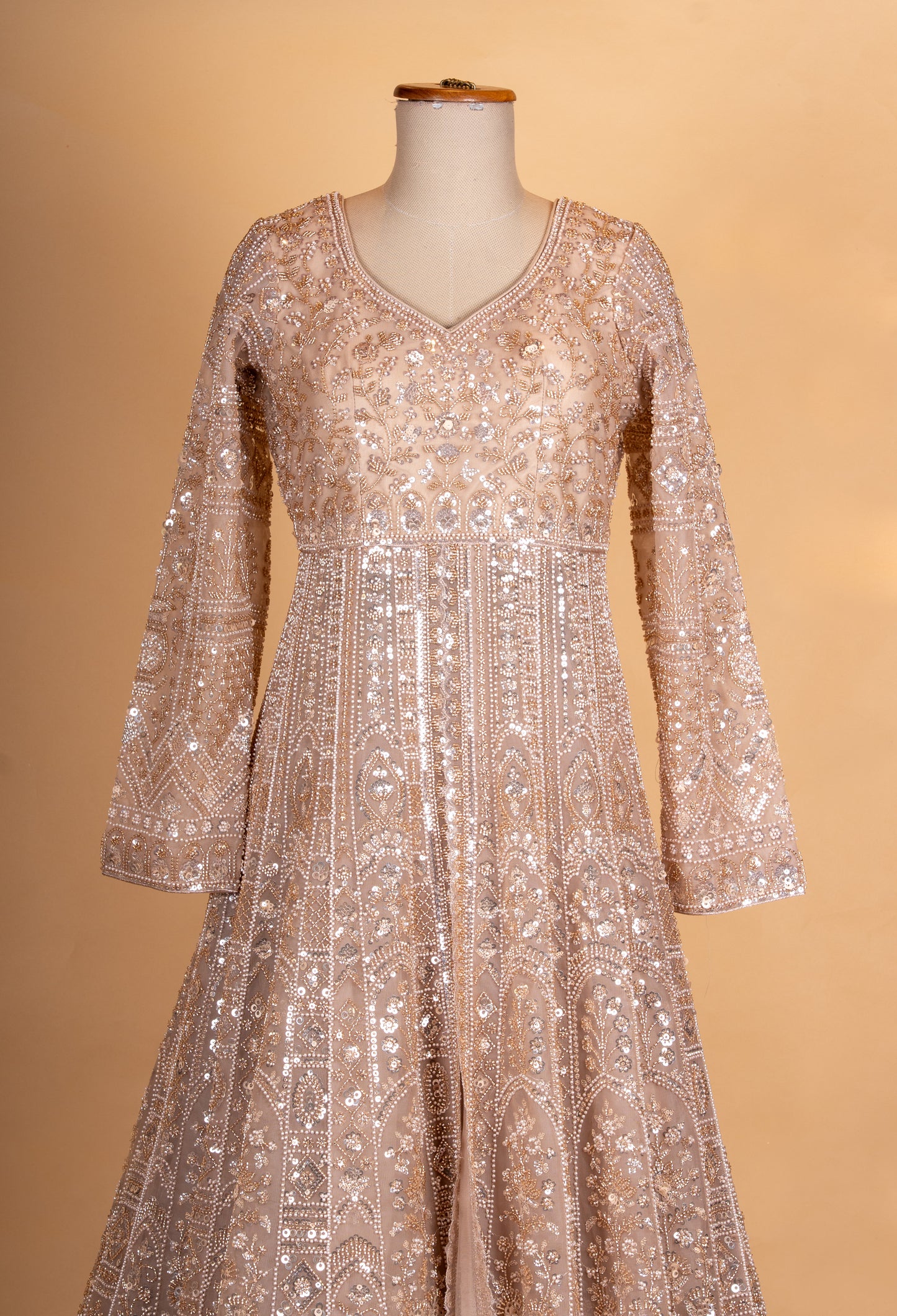Beige Gold Heavy Embroidered Anarkali Gown for Women