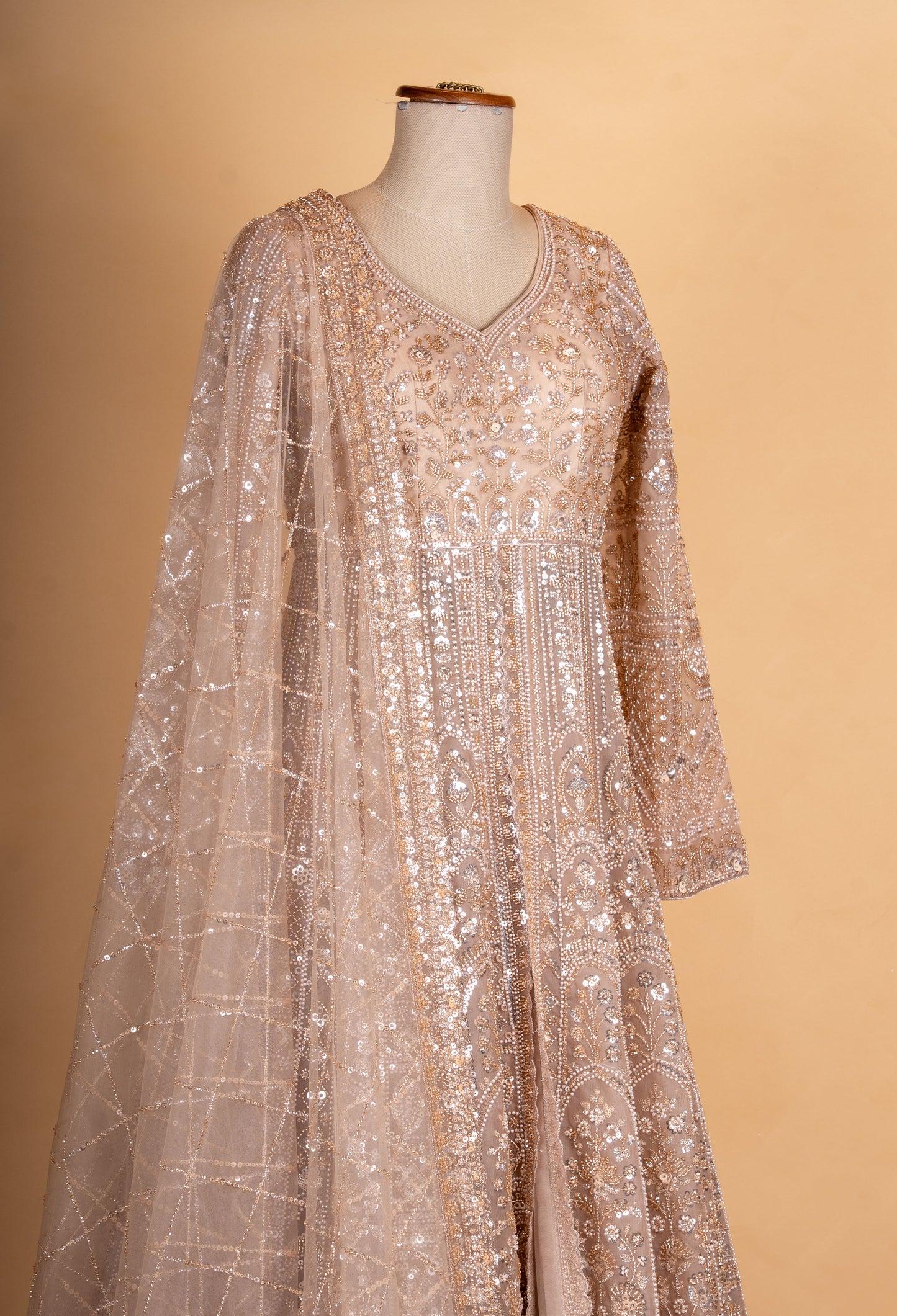 Beige Gold Heavy Embroidered Anarkali Gown for Women