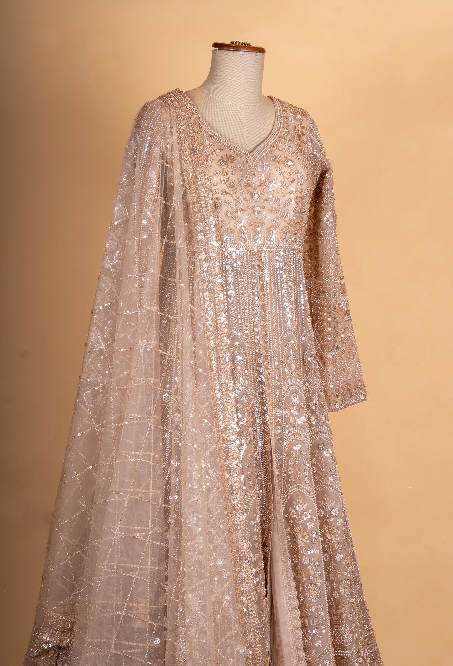 Beige Gold Heavy Embroidered Anarkali Gown for Women