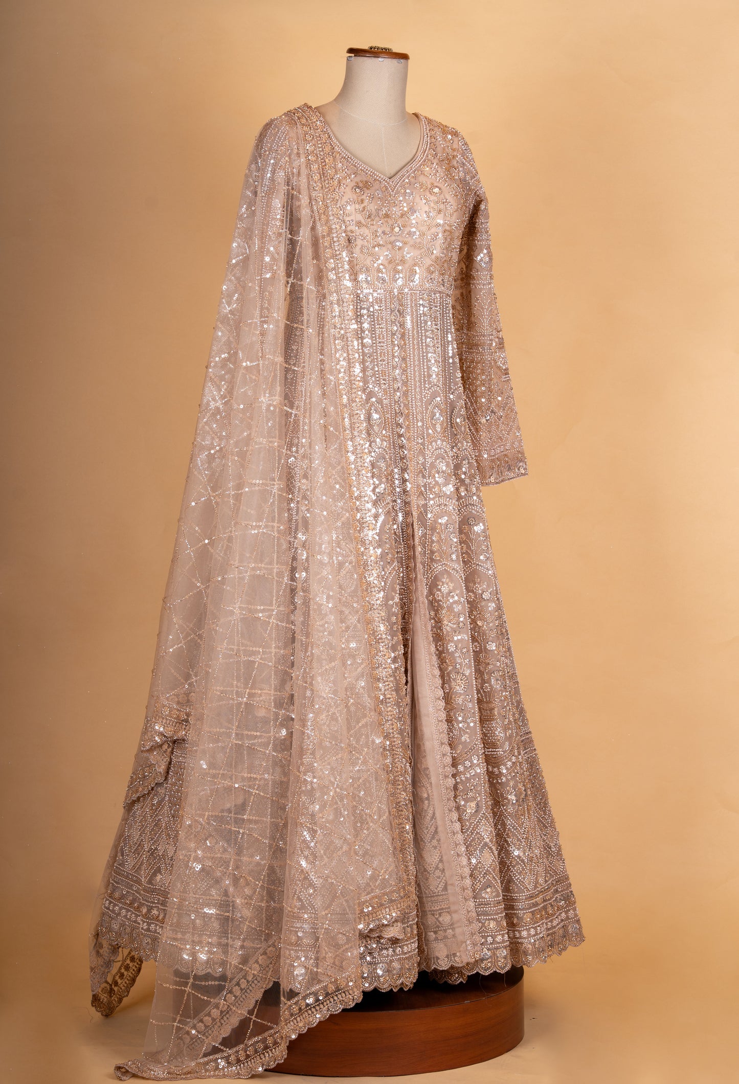 Beige Gold Heavy Embroidered Anarkali Gown for Women