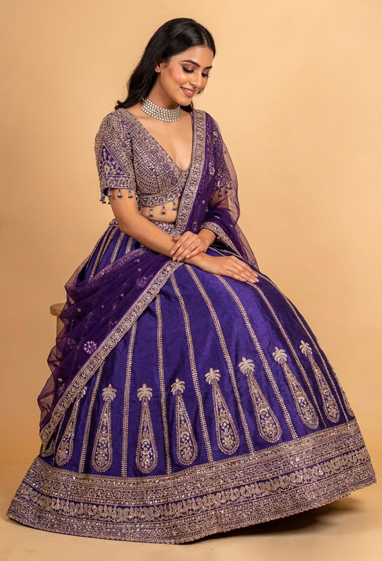 Royal Purple Zari Embroidered Lehenga Choli Set with Net Dupatta for Women