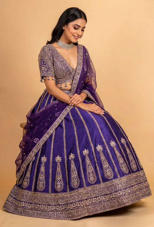 Royal Purple Zari Embroidered Lehenga Choli Set with Net Dupatta for Women
