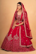 Classic Bridal Red Zari Embroidered Lehenga Choli Set with Dupatta for Women