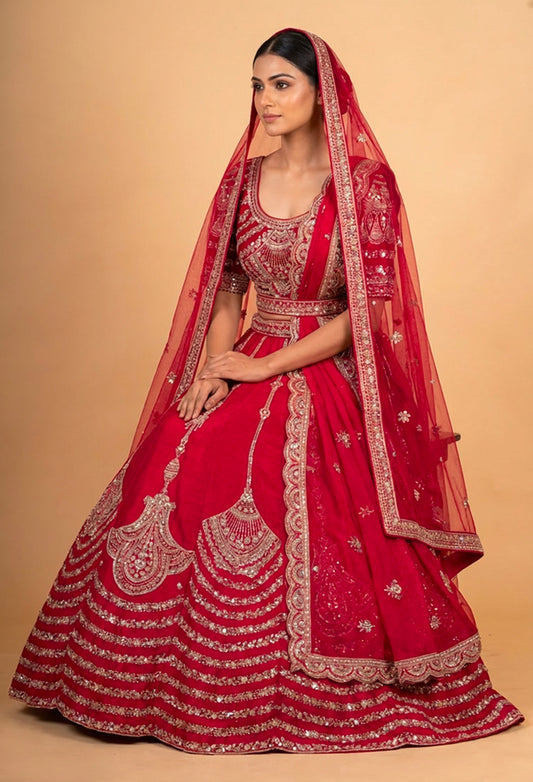 Classic Bridal Red Zari Embroidered Lehenga Choli Set with Dupatta for Women
