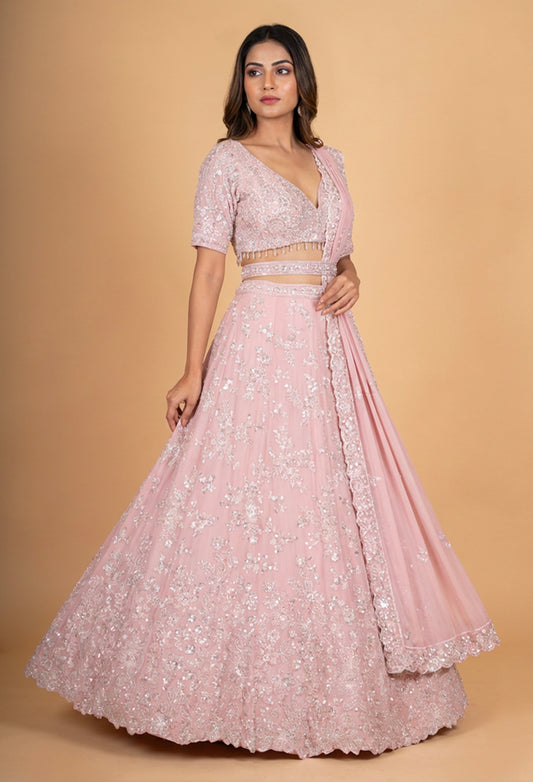 Soft Pink Embroidered Lehenga Choli Set with Dupatta for Women