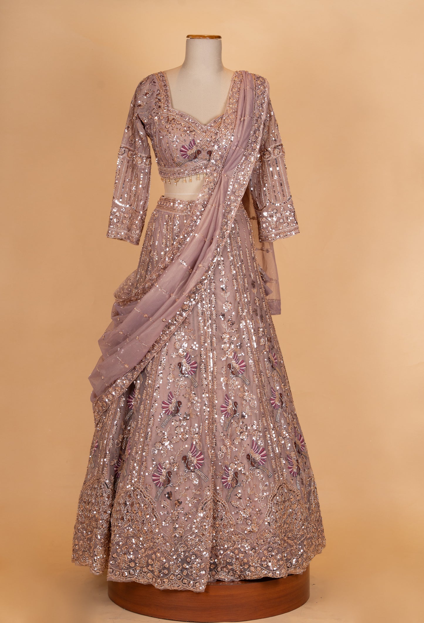 Dusty Rose Embroidered Lehenga Choli Set with Net Dupatta for Women