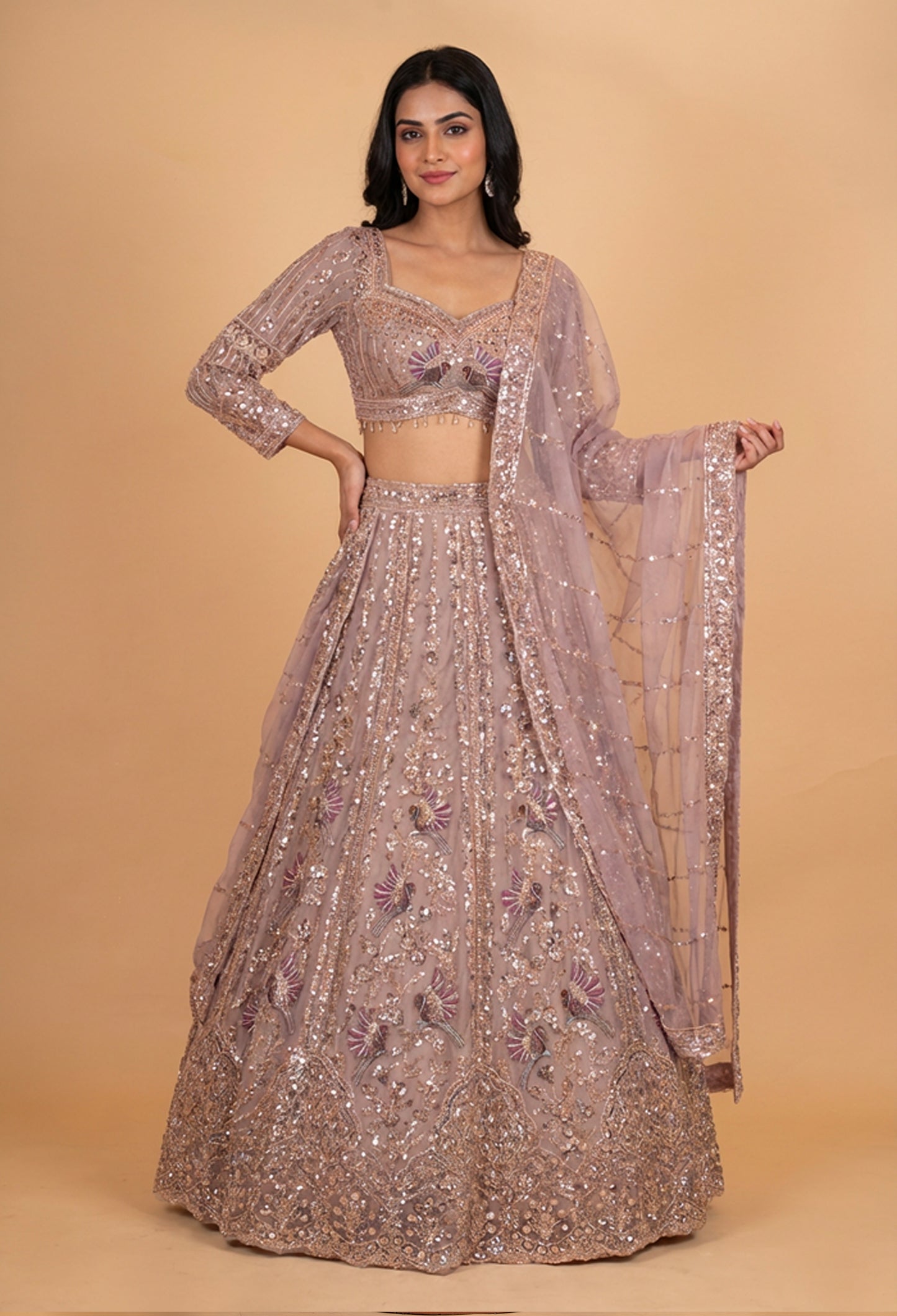 Dusty Rose Embroidered Lehenga Choli Set with Net Dupatta for Women