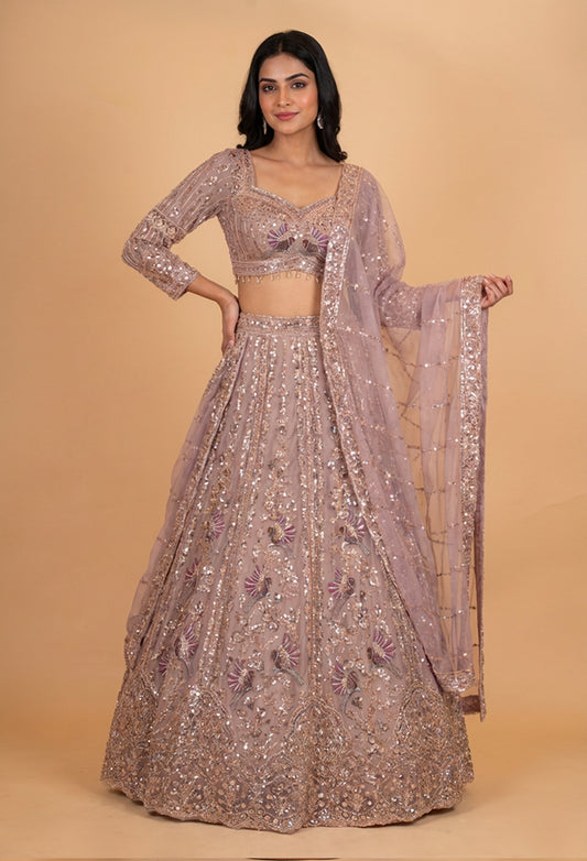 Dusty Rose Embroidered Lehenga Choli Set with Net Dupatta for Women