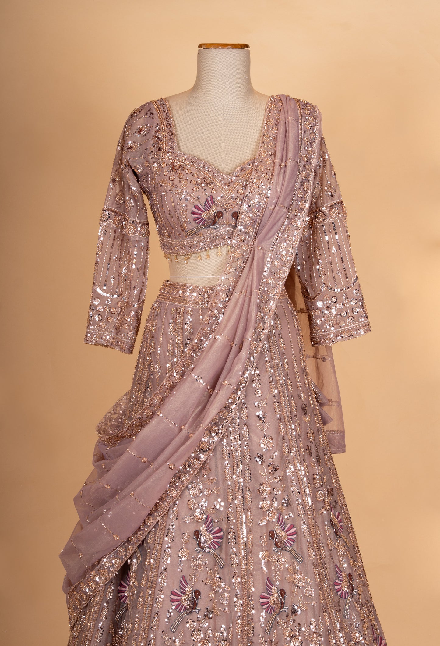 Dusty Rose Embroidered Lehenga Choli Set with Net Dupatta for Women