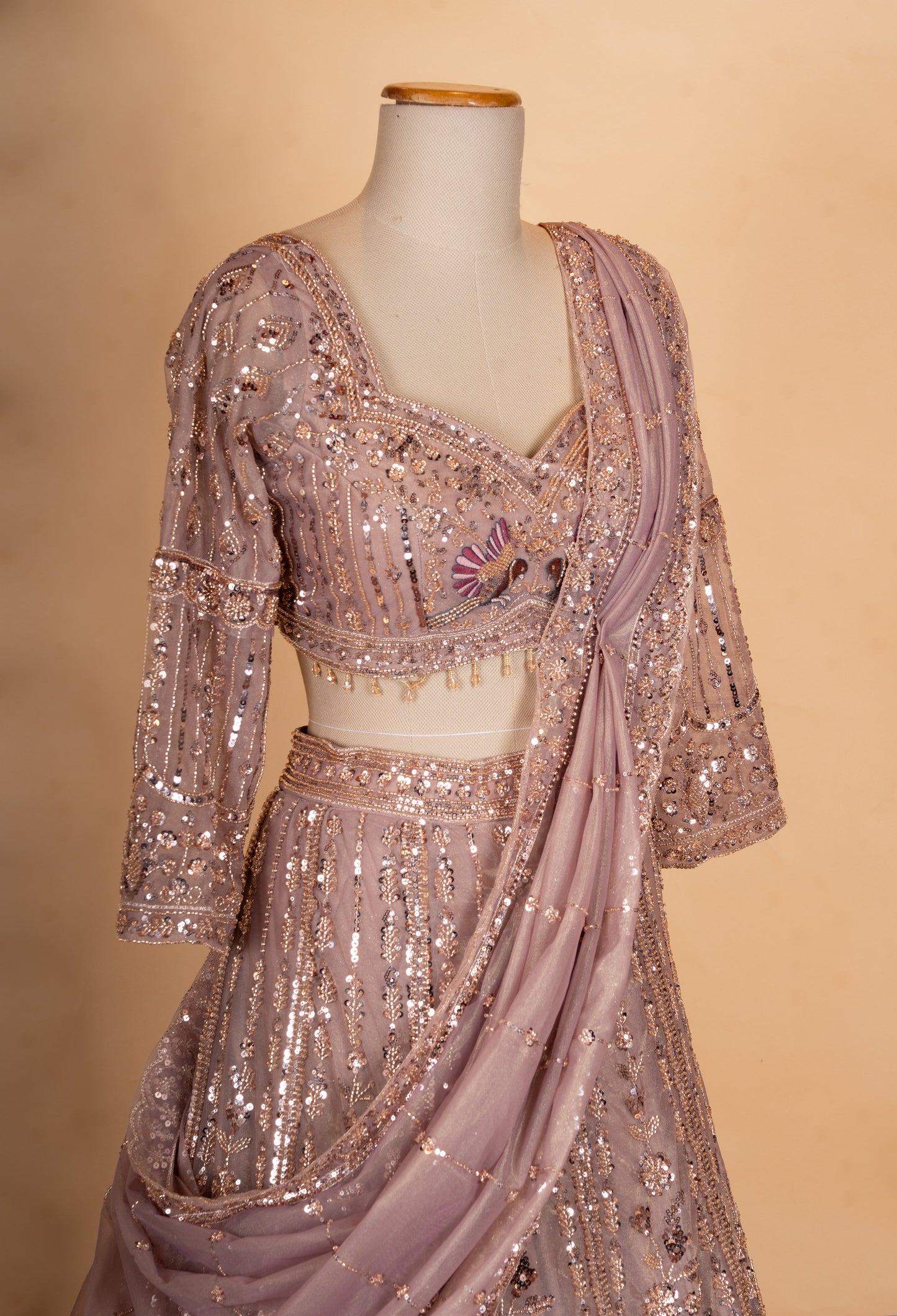 Dusty Rose Embroidered Lehenga Choli Set with Net Dupatta for Women