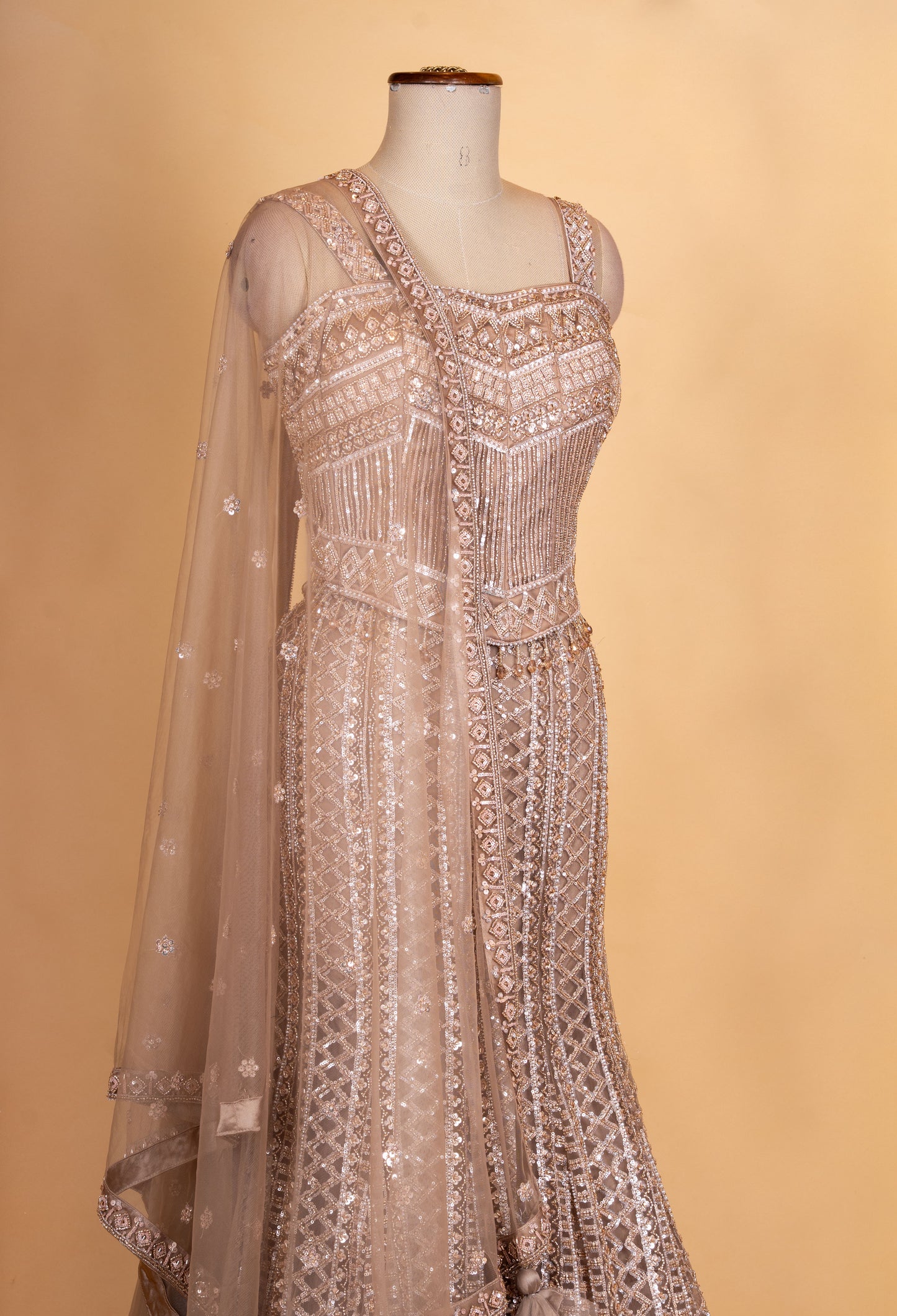 Champagne Gold Embroidered Lehenga Set with Net Dupatta for Women