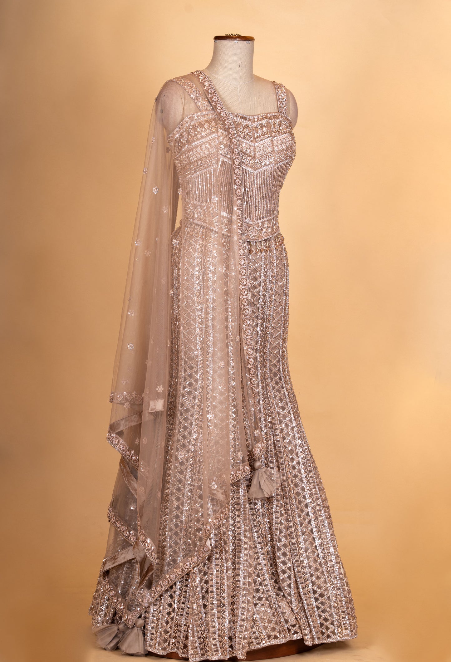 Champagne Gold Embroidered Lehenga Set with Net Dupatta for Women