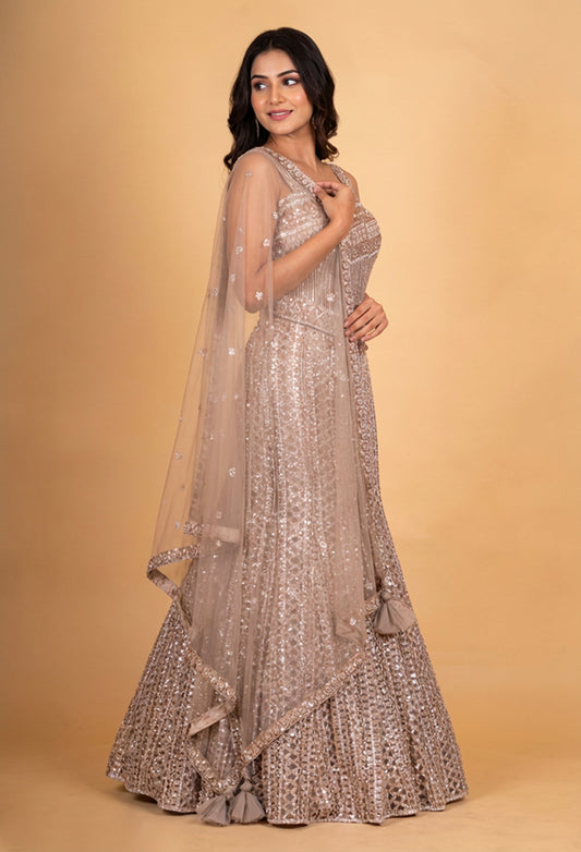 Champagne Gold Embroidered Lehenga Set with Net Dupatta for Women