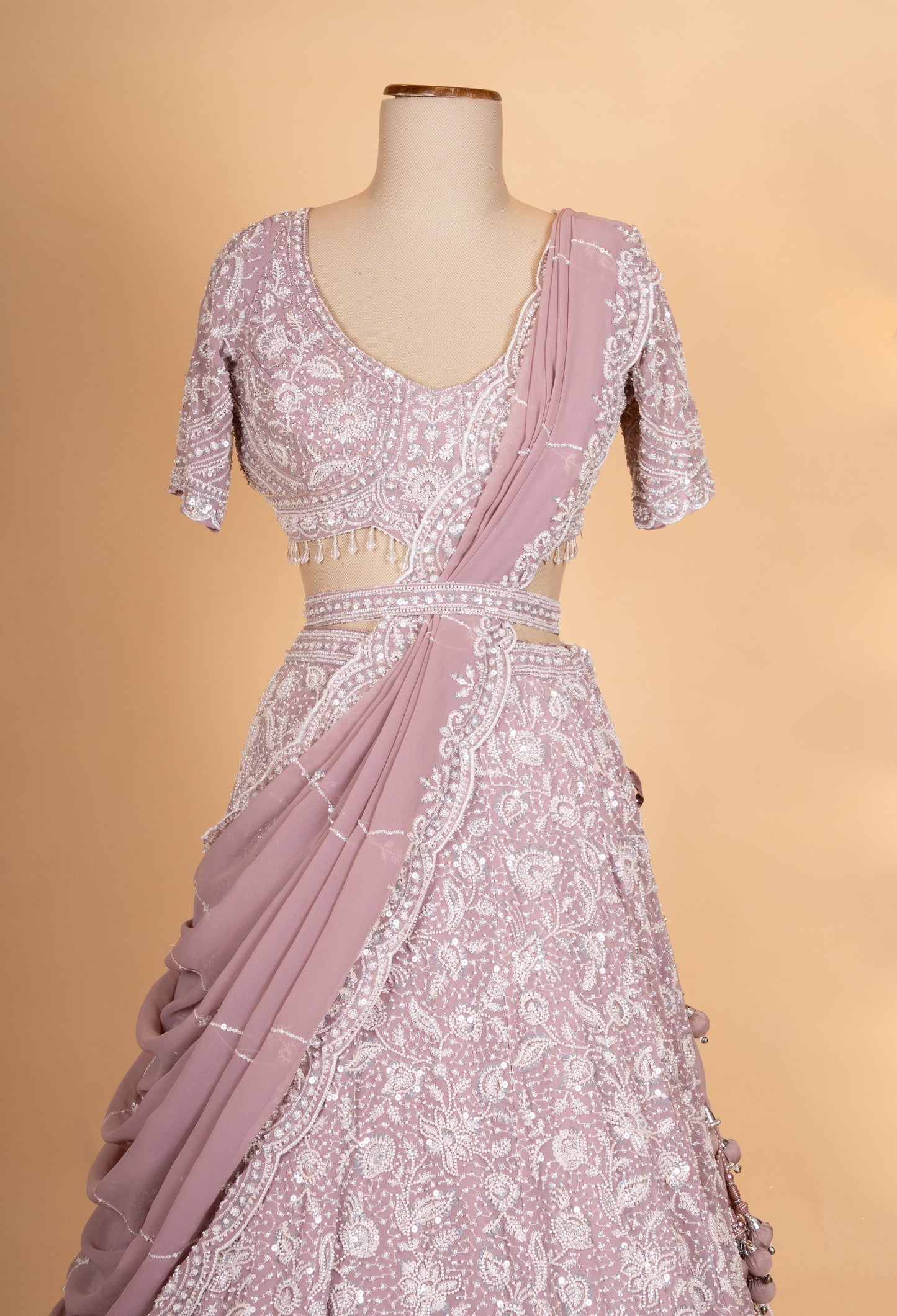 Mauve Pink Embroidered Lehenga Set with Drape Dupatta for Women
