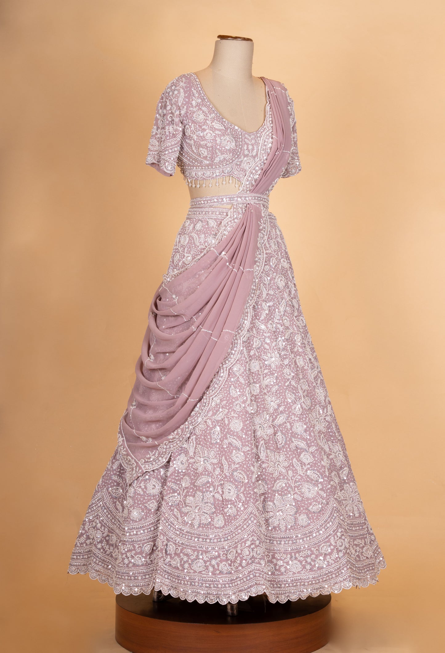 Mauve Pink Embroidered Lehenga Set with Drape Dupatta for Women