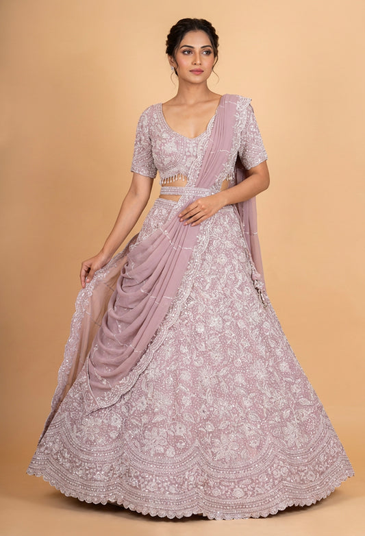 Mauve Pink Embroidered Lehenga Set with Drape Dupatta for Women