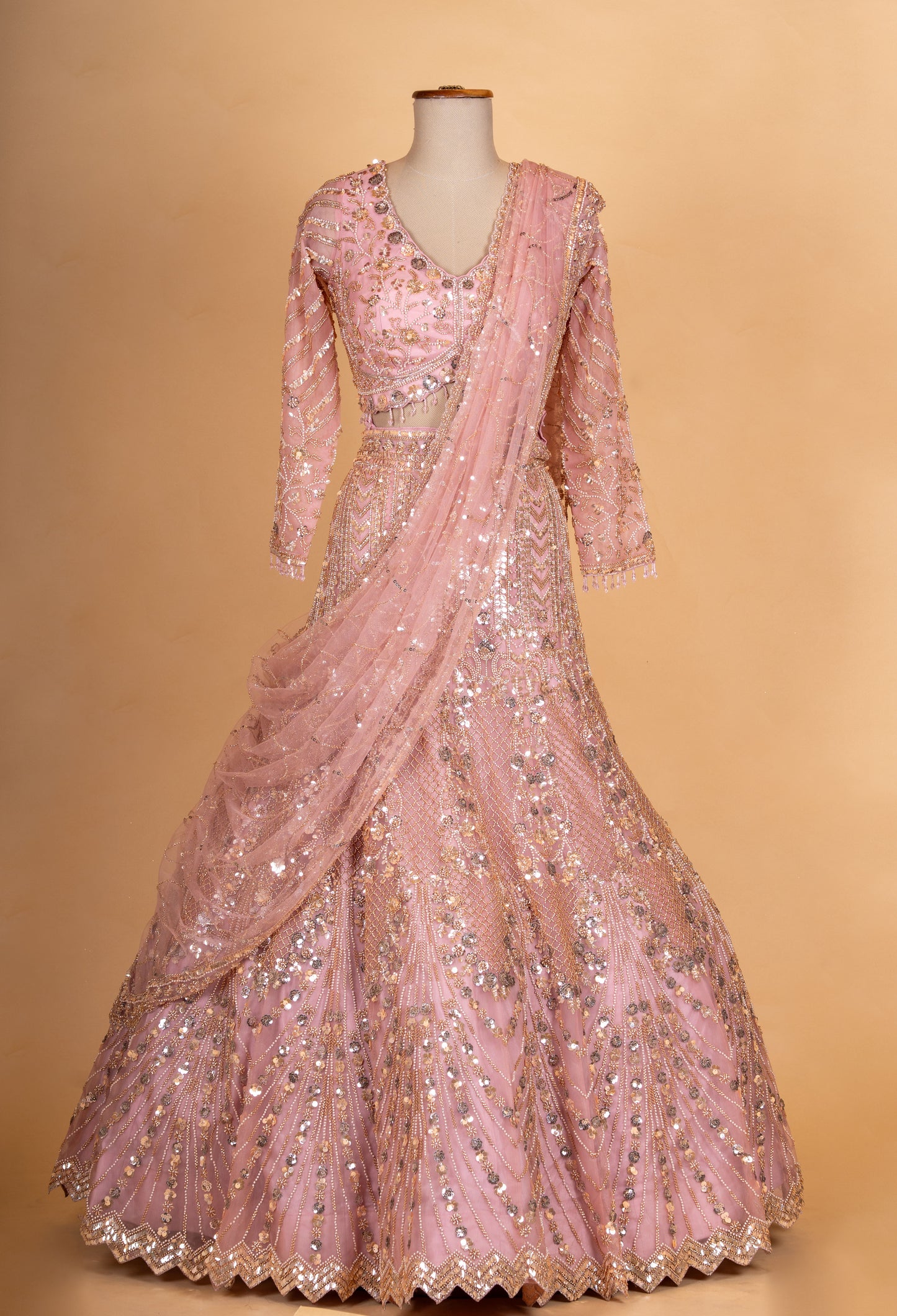 Blush Pink Heavy Embroidered Lehenga Choli Set with Net Dupatta for Women