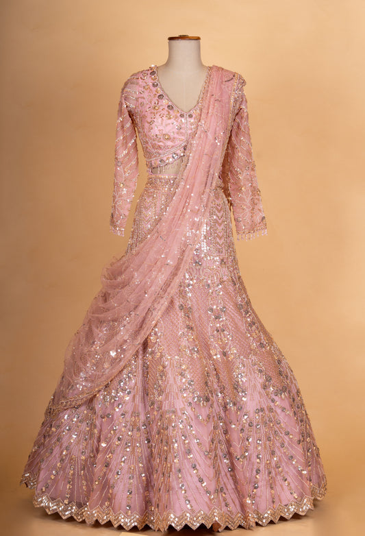 Blush pink heavy embroidered lehenga choli set with net dupatta – product image 2