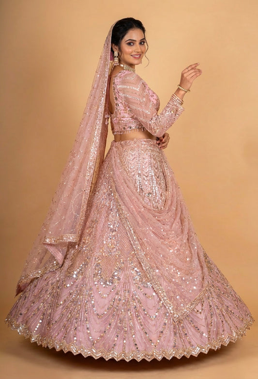 Blush Pink Heavy Embroidered Lehenga Choli Set with Net Dupatta for Women