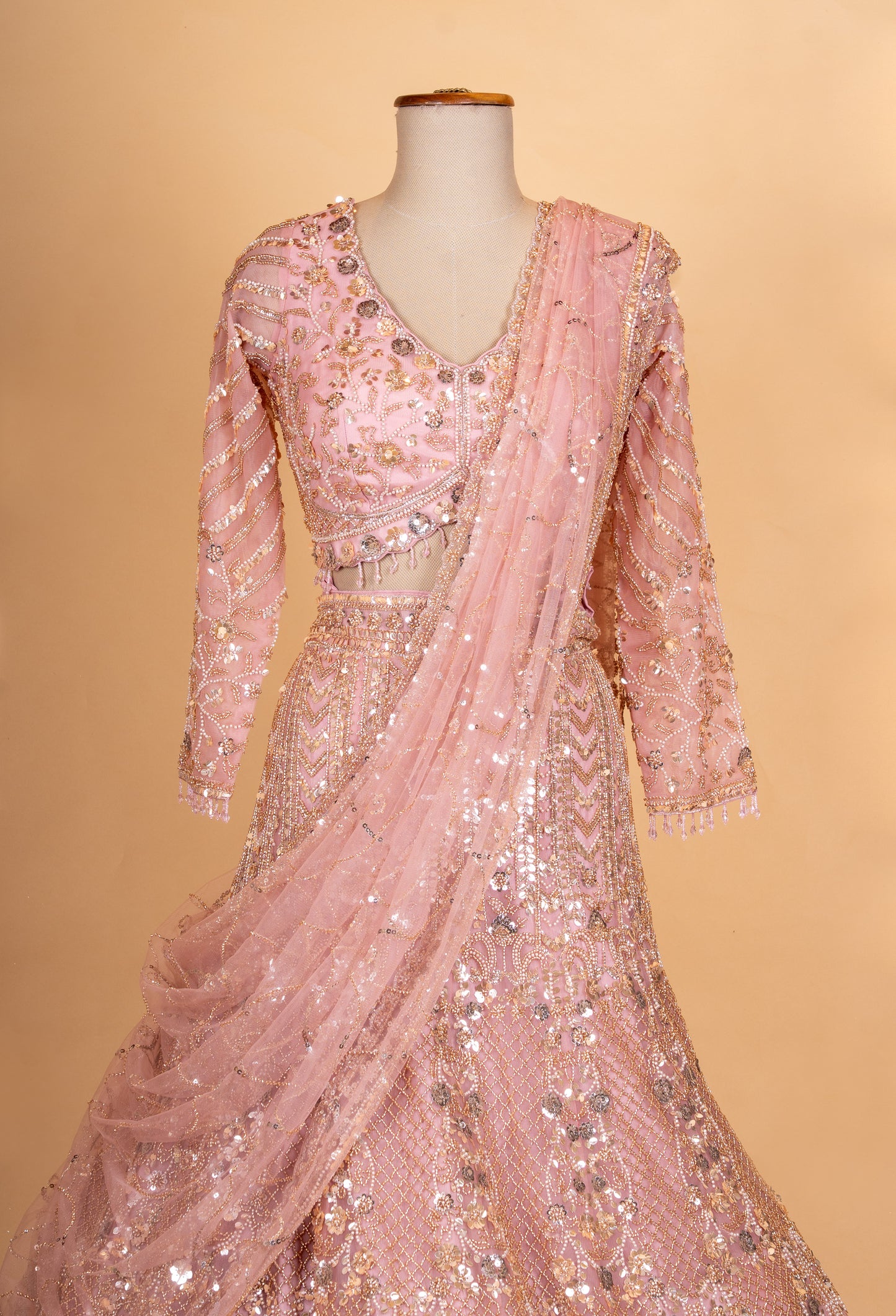 Blush Pink Heavy Embroidered Lehenga Choli Set with Net Dupatta for Women