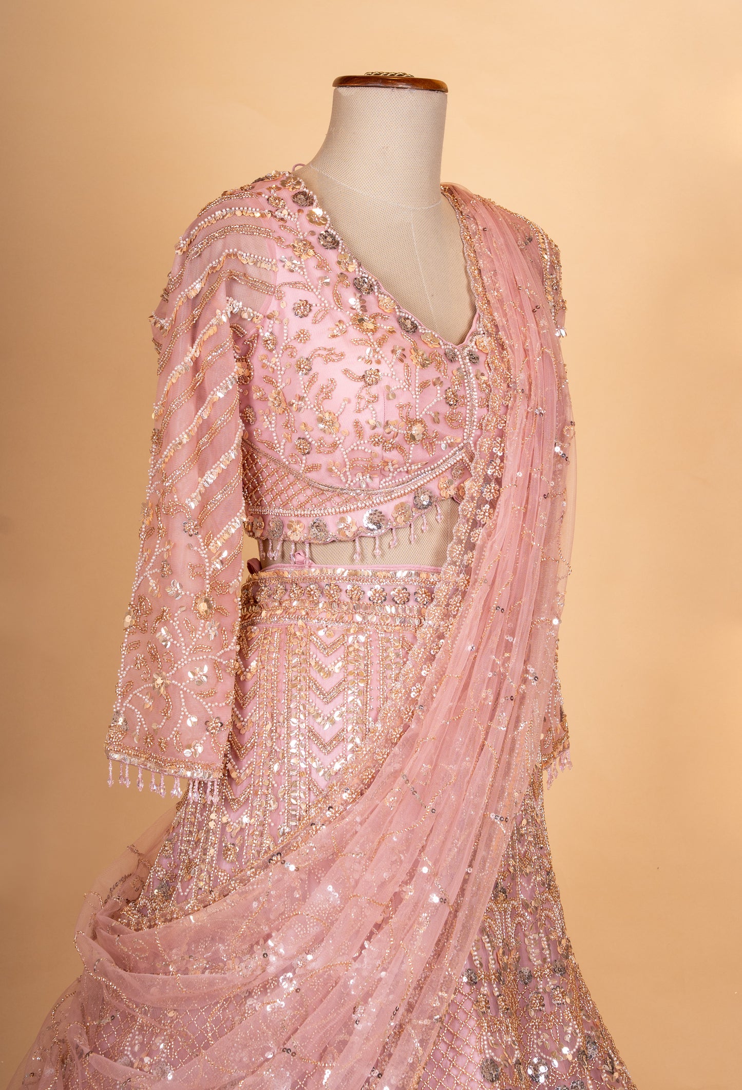 Blush Pink Heavy Embroidered Lehenga Choli Set with Net Dupatta for Women