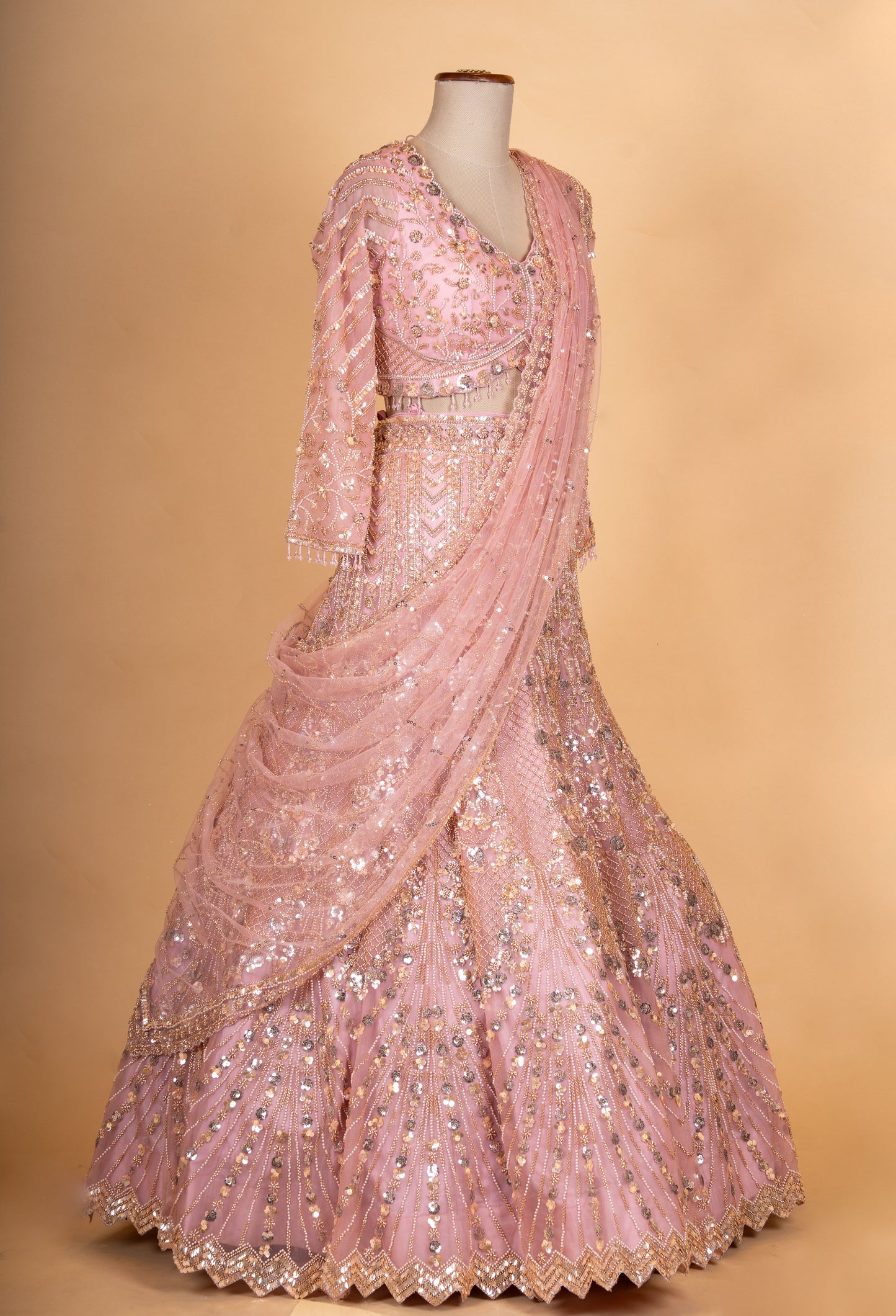 Blush Pink Heavy Embroidered Lehenga Choli Set with Net Dupatta for Women