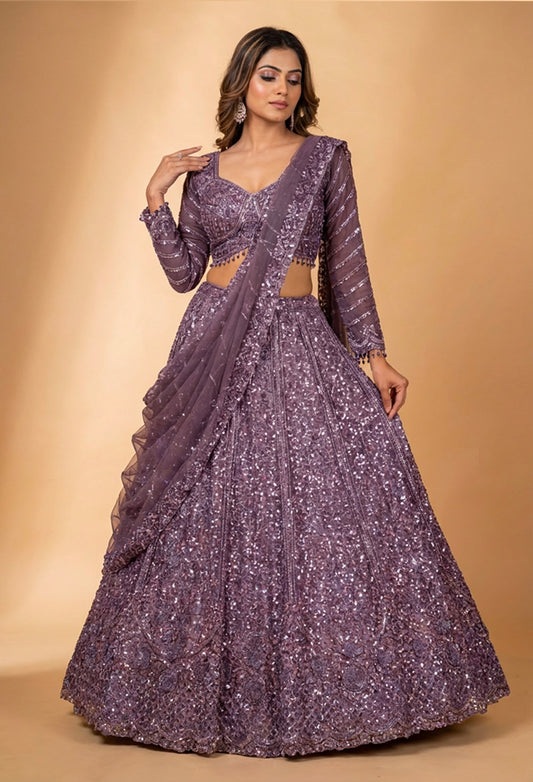 Plum Purple Sequin Embroidered Lehenga Choli Set with Drape Dupatta for Women