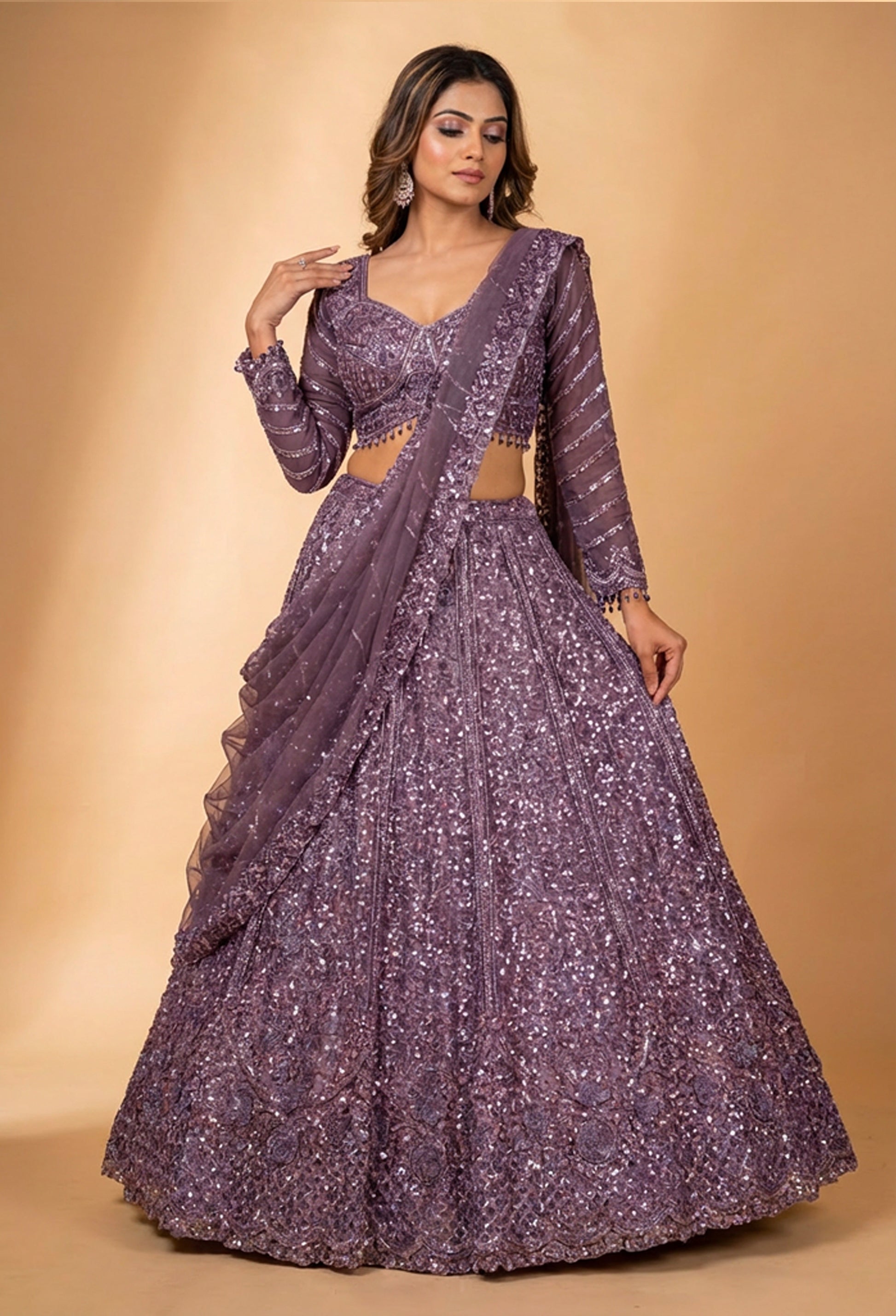 Plum Purple | ASMA plum purple sequin embroidered lehenga choli with drape dupatta | 1