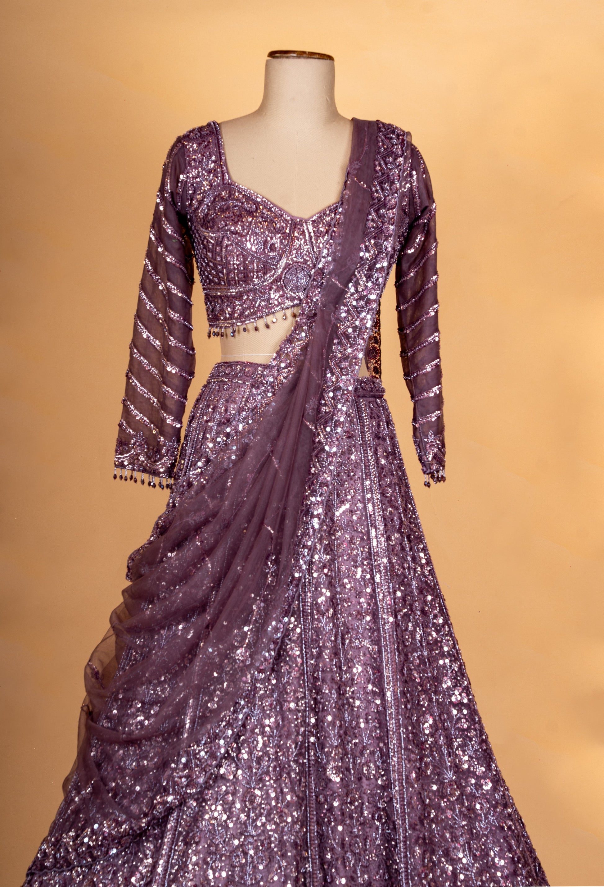 Plum Purple | Purple wedding lehenga choli with sequin and thread embroidery | 3