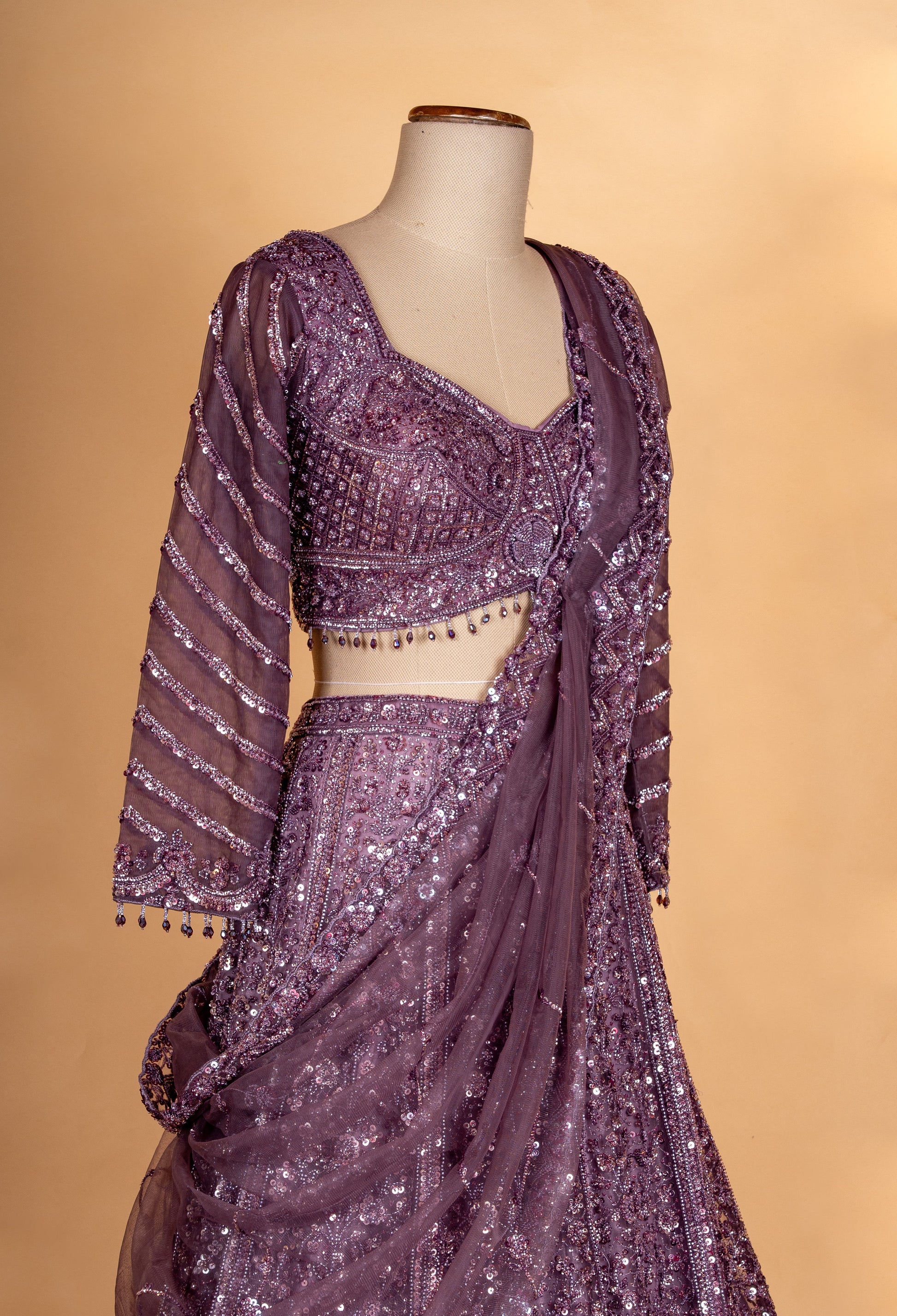 Plum Purple | Designer plum lehenga set with modern drape dupatta by ASMA | 4