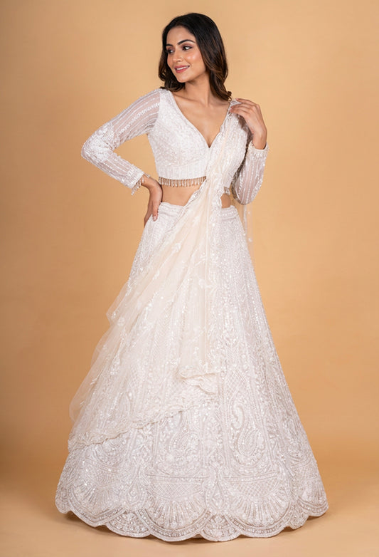 Ivory White Heavy Embroidered Lehenga Choli Set with Net Dupatta for Women