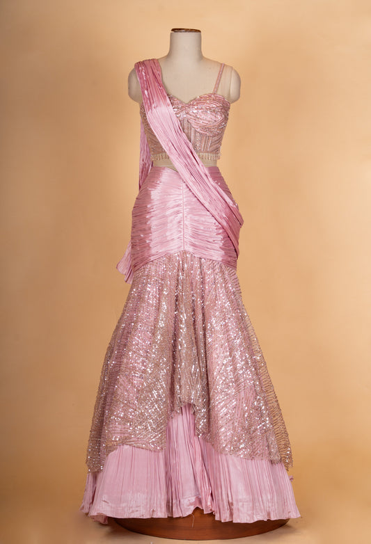 Rose Pink Sequin Embroidered Layered Lehenga Set with Drape Dupatta for Women - view 2