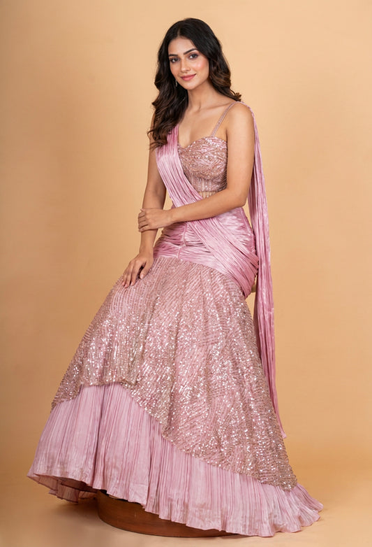 Rose Pink Sequin Embroidered Layered Lehenga Set with Drape Dupatta for Women
