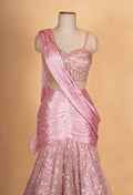 Rose Pink Sequin Embroidered Layered Lehenga Set with Drape Dupatta for Women