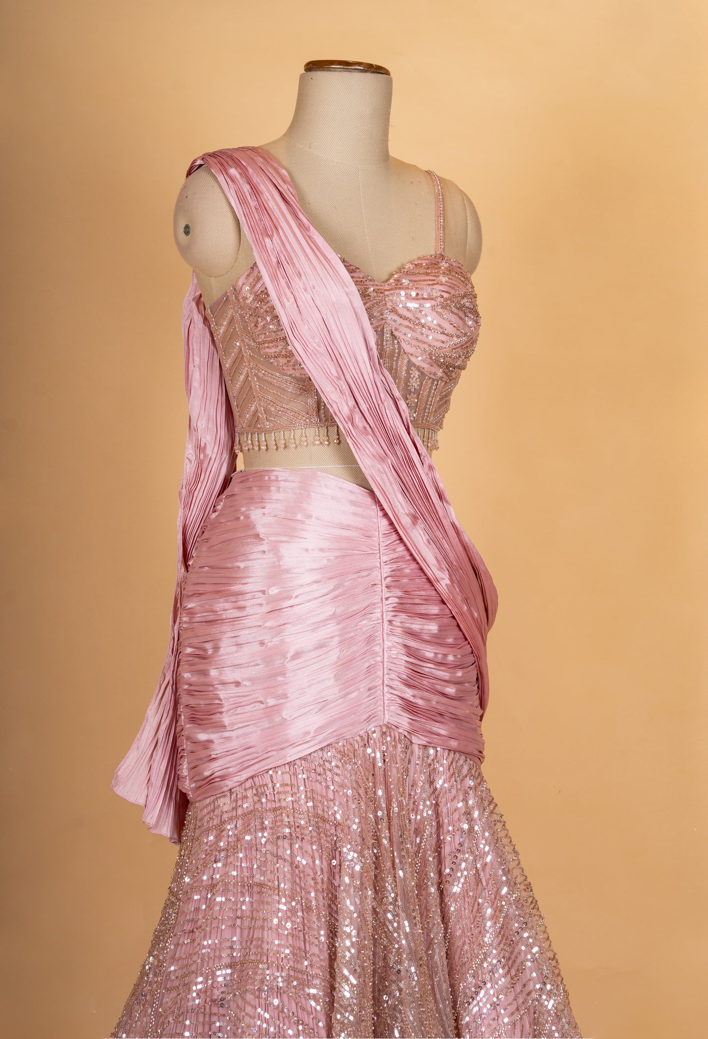 Rose Pink Sequin Embroidered Layered Lehenga Set with Drape Dupatta for Women