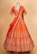 Bright Orange Zari Embroidered Lehenga Choli Set with Dupatta for Women