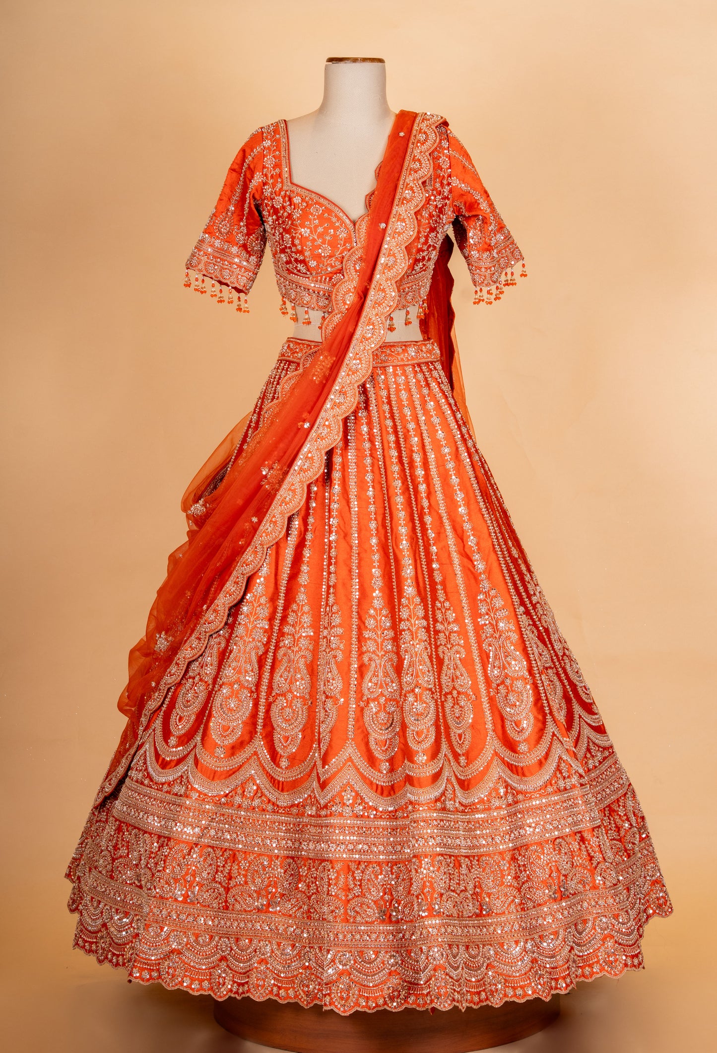 Bright Orange Zari Embroidered Lehenga Choli Set with Dupatta for Women