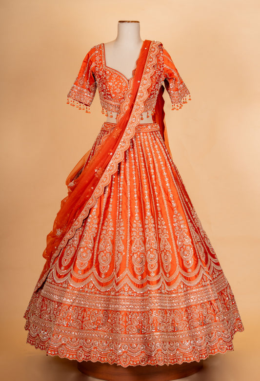 Bright orange zari embroidered lehenga choli with dupatta – product image 2