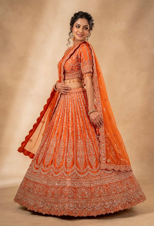 Bright Orange Zari Embroidered Lehenga Choli Set with Dupatta for Women