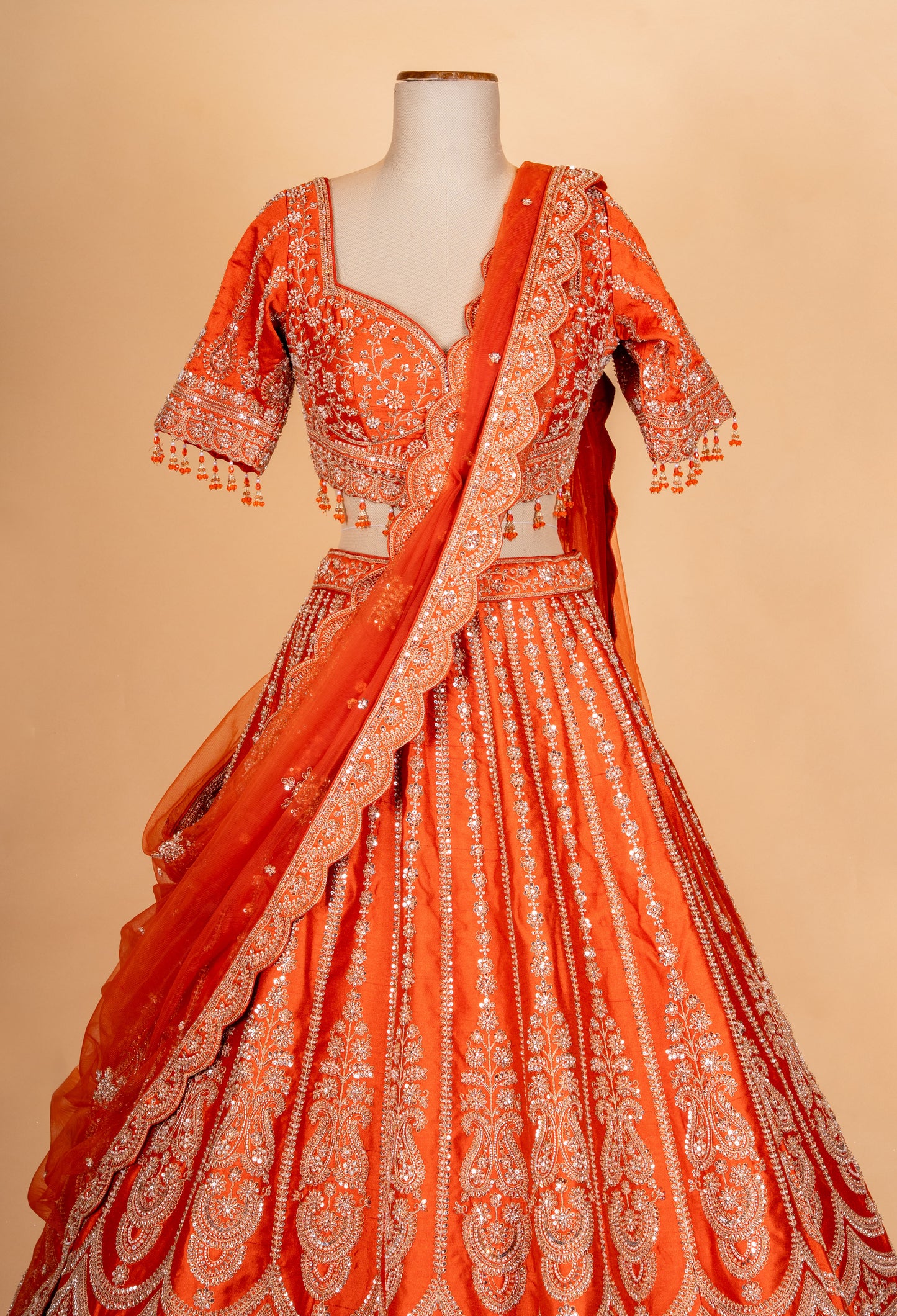 Bright Orange Zari Embroidered Lehenga Choli Set with Dupatta for Women