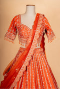 Bright Orange Zari Embroidered Lehenga Choli Set with Dupatta for Women