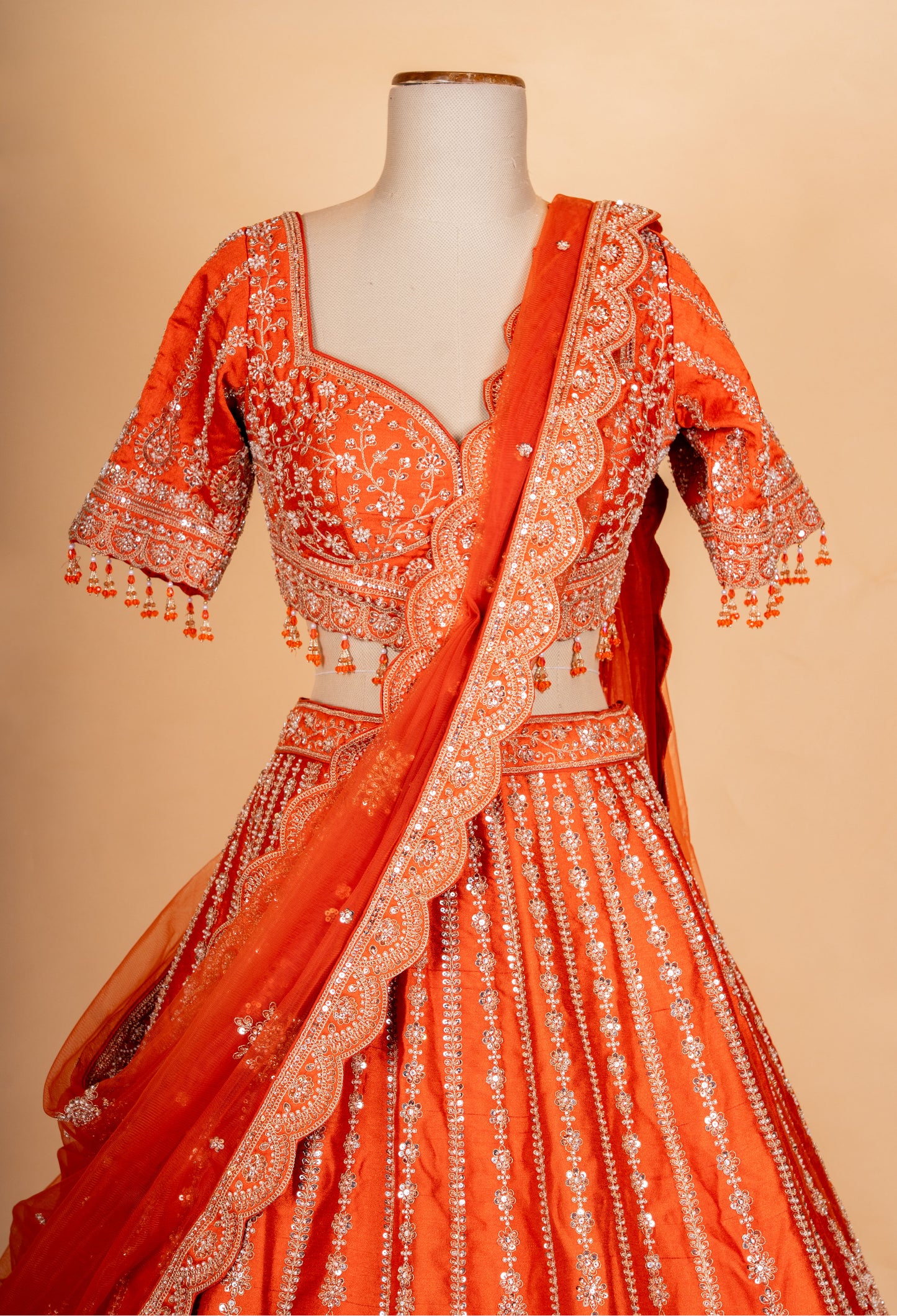 Bright Orange Zari Embroidered Lehenga Choli Set with Dupatta for Women