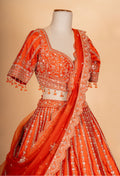 Bright Orange Zari Embroidered Lehenga Choli Set with Dupatta for Women