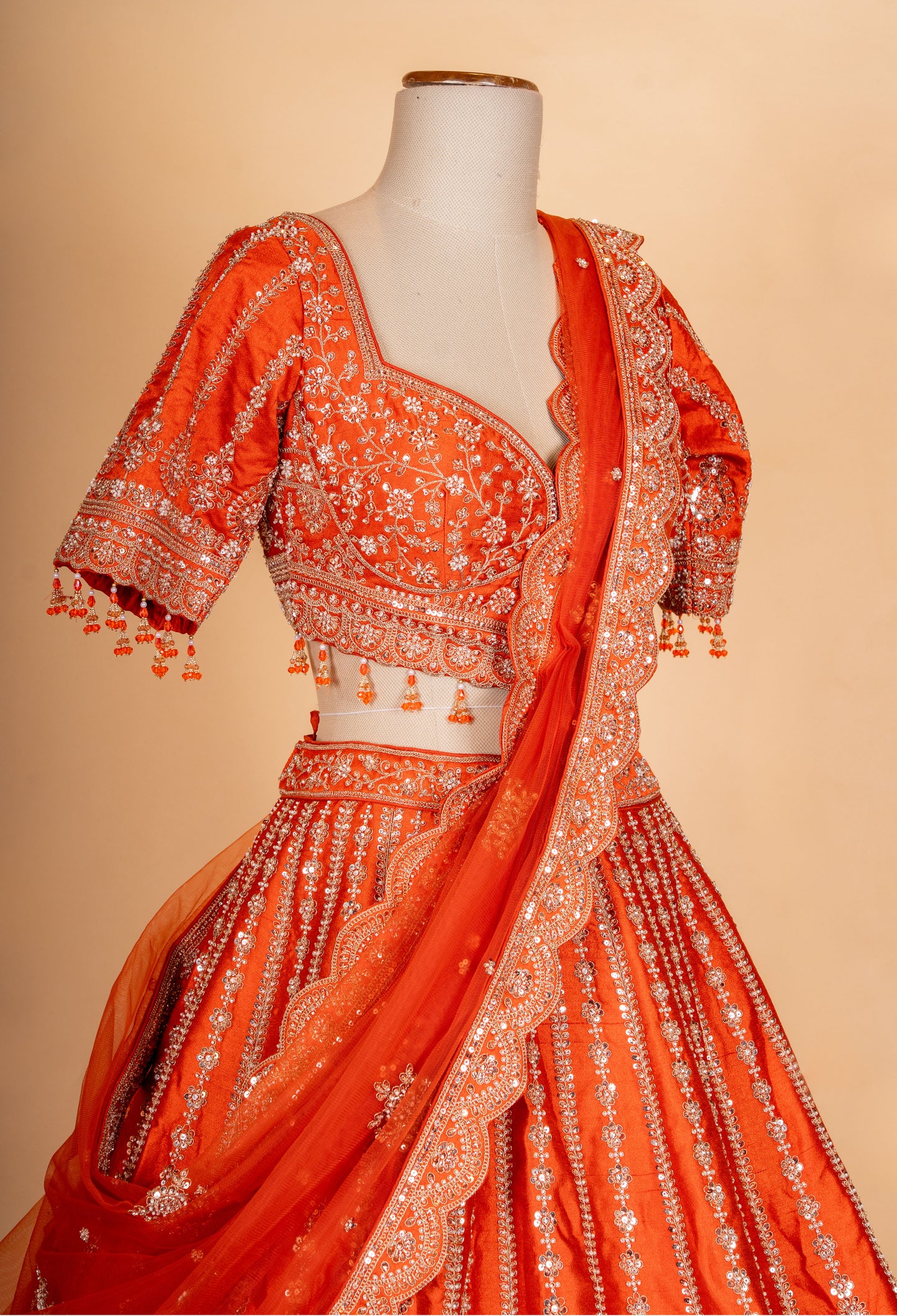 Bright Orange Zari Embroidered Lehenga Choli Set with Dupatta for Women