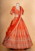 Bright Orange Zari Embroidered Lehenga Choli Set with Dupatta for Women