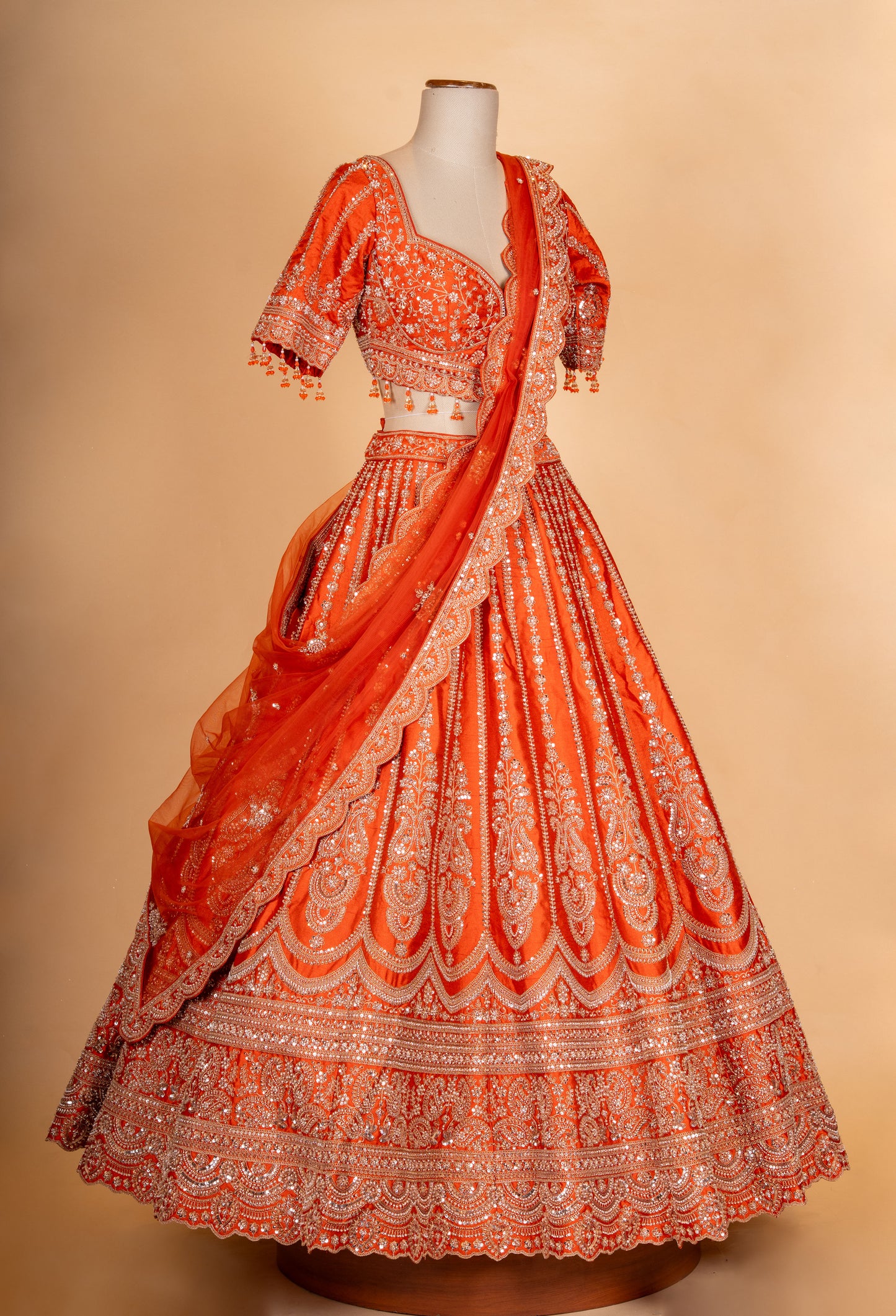 Bright Orange Zari Embroidered Lehenga Choli Set with Dupatta for Women